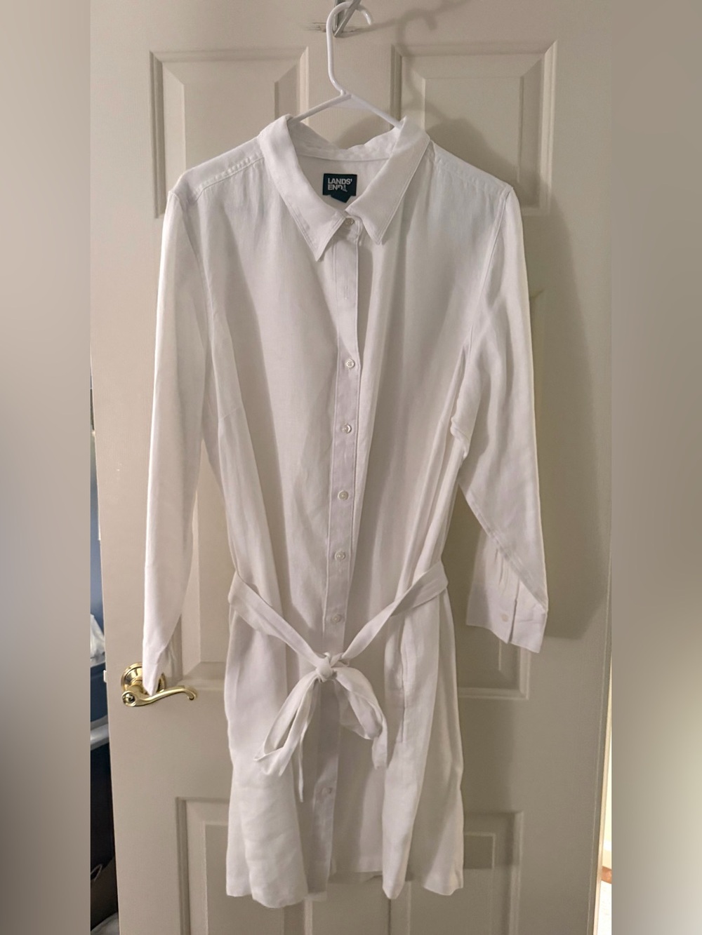Lands' End White Button-Front Shirt Dress with Tie Waist
